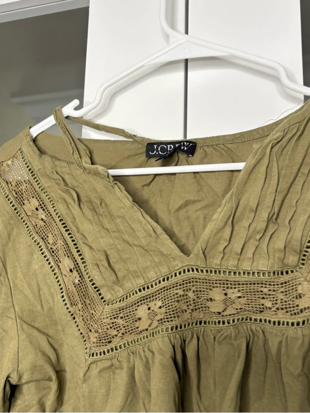 J. Crew Lace-trim Puff-sleeve Shirt Broken-in Jersey Tuscan Olive